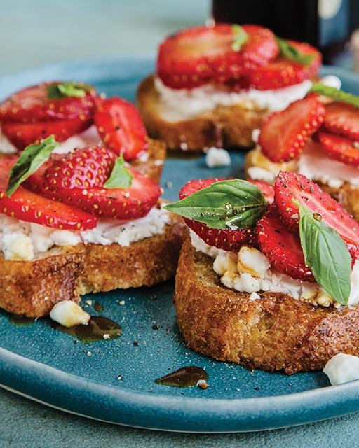 Strawberry bruschetta with goat cheese & pine syrup