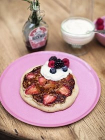 Strawberry buckwheat pancakes, Greek yogurt & rosemary maple syrup