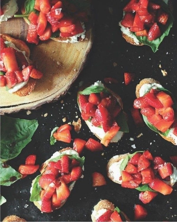 Strawberry Chambord whipped Stilton cheese toasts