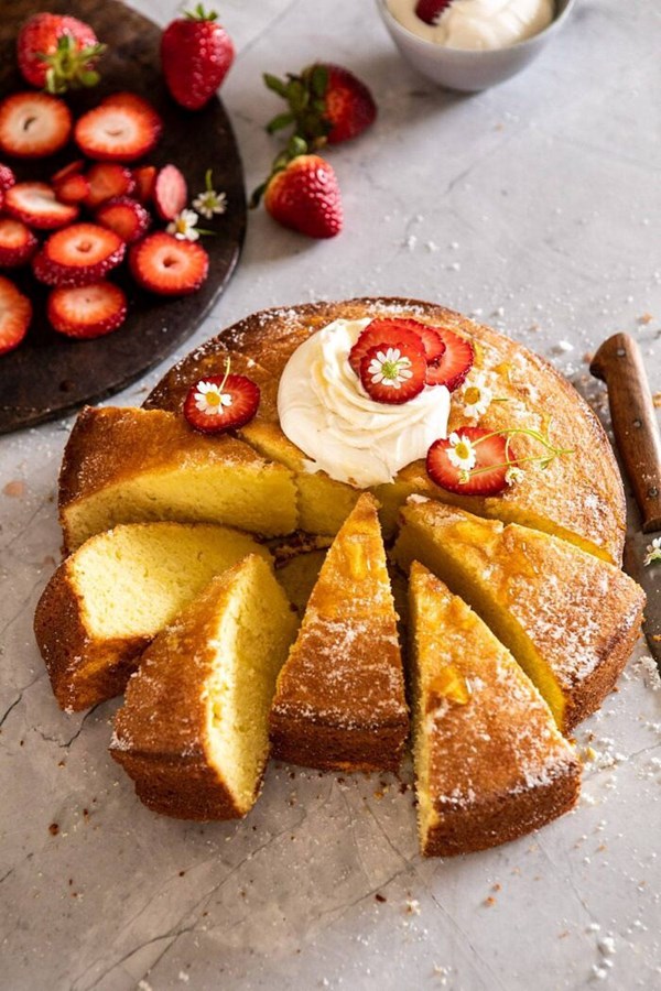 Strawberry chamomile olive oil cake with honeyed ricotta