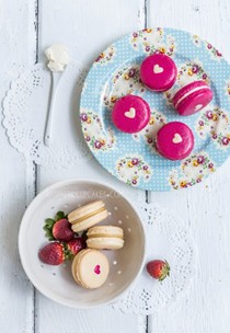 Strawberry cheesecake or vanilla malt heart-inside macarons
