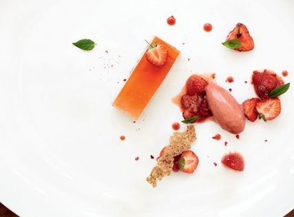 Strawberry cheesecake (Strawberry cheesecake with strawberry and basil sorbet and black pepper tuile)