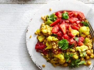 Strawberry chutney with curried garbanzo beans and farro [Nancy Macklin]