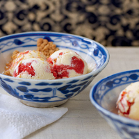 Strawberry cinnamon ripple ice cream with crumble crumbs