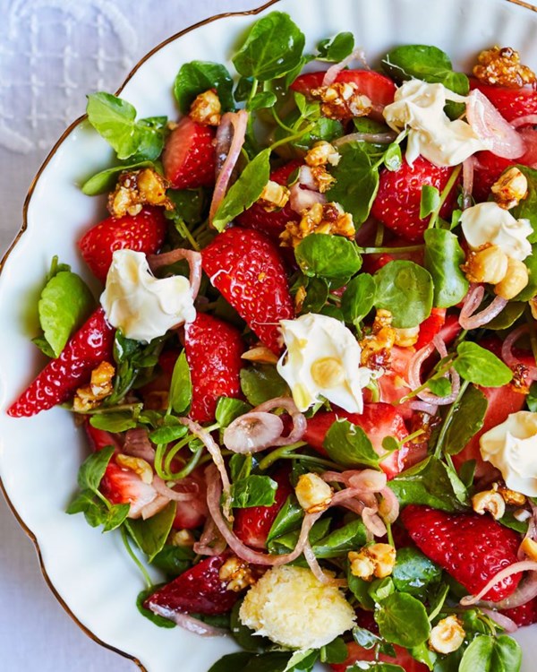Strawberry, clotted cream and watercress salad with pink peppercorn and hazelnut brittle