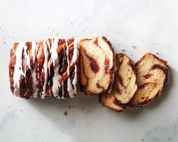 Strawberry coconut babka [strawberry coconut filling, confectioner's sugar glaze)