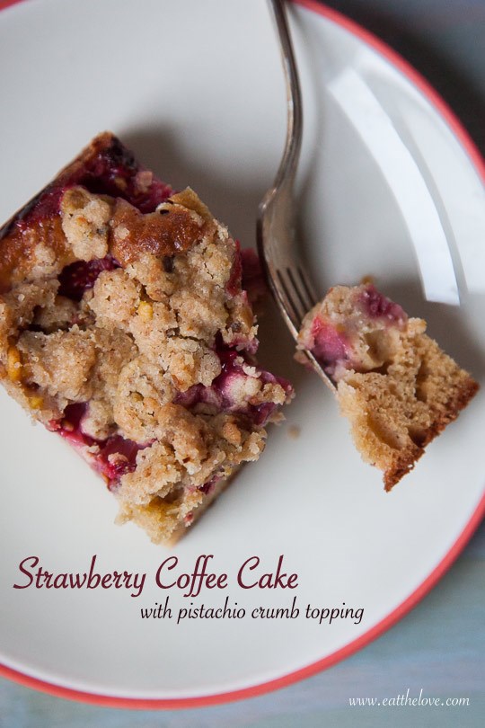 Strawberry coffee cake with pistachio crumb topping