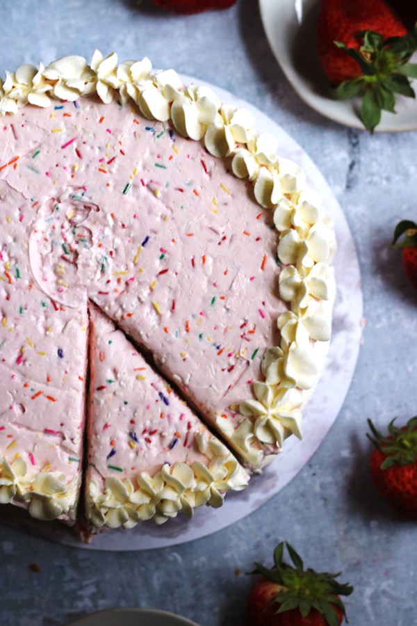 Strawberry confetti quadruple layer cake