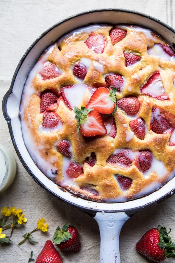 Strawberry cornmeal cake with buttermilk glaze