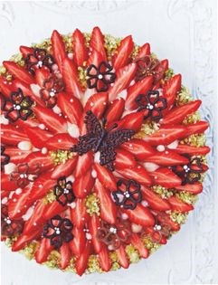 Strawberry firework tart with candied pistachios & chocolate flowers