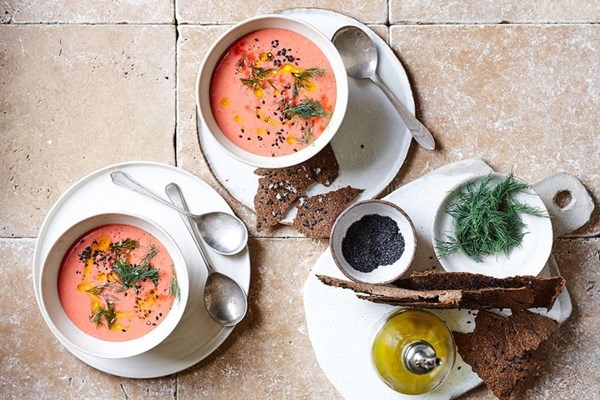 Strawberry gazpacho with flaxseed crackers