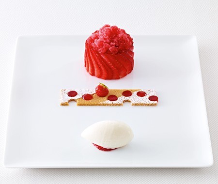 Strawberry granité rosace, Szechuan peppercorn sorbet