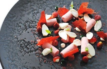 Strawberry ice cream, basil purée, fromage frais mousse with green almonds