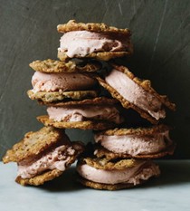 Strawberry ice cream sandwiches with cacao nib poppy seed wafer