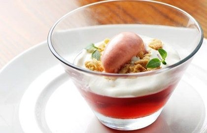 Strawberry jelly with elderflower cream and strawberry sorbet