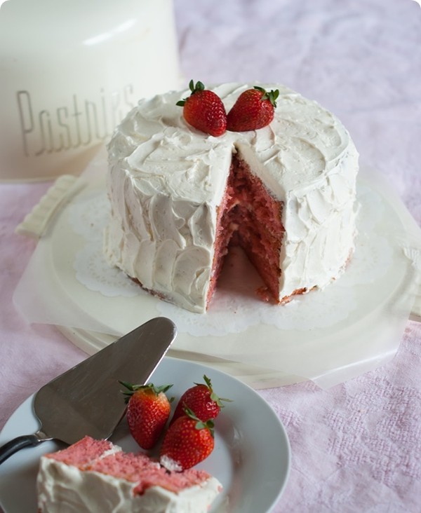 Strawberry layer cake with Amaretto Swiss meringue buttercream