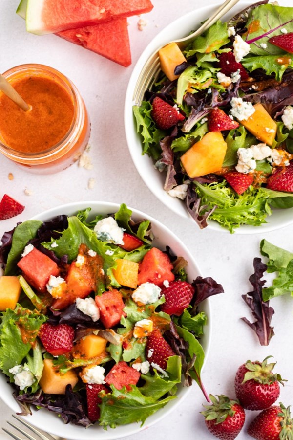 Strawberry-melon salad with watermelon vinaigrette