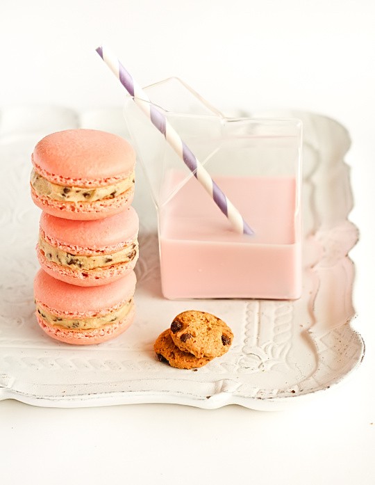 Strawberry milk macarons with cookie dough buttercream