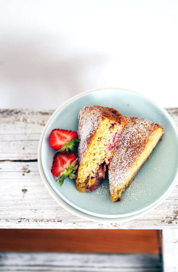 Strawberry, millet, and almond cake