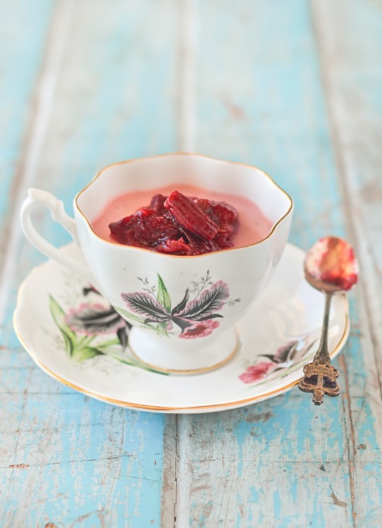 Strawberry panna cotta with roasted rhubarb