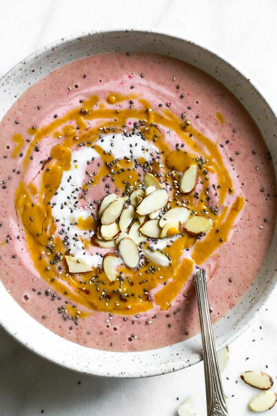 Strawberry peanut butter swirl smoothie bowls