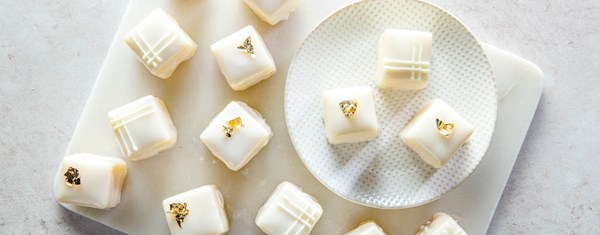 Strawberry petit fours [poured strawberry fondant]
