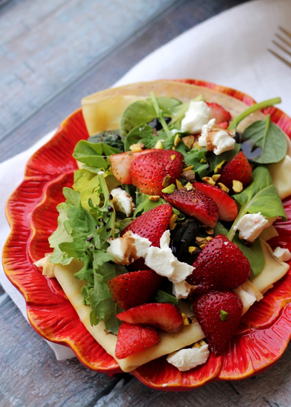 Strawberry, pistachio, and goat cheese crepes