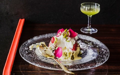 Strawberry, pistachio and rose trifle
