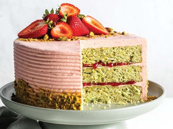Strawberry-pistachio layer cake [roasted strawberry Swiss meringue buttercream; roasted strawberry jam]