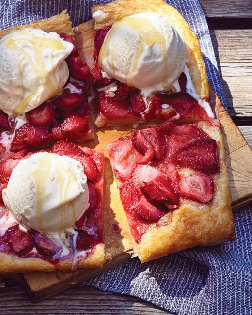 Strawberry pizza with ice cream and honey
