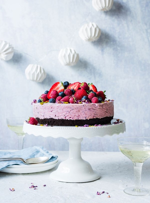 Strawberry, plum and salted coconut ice cream cake