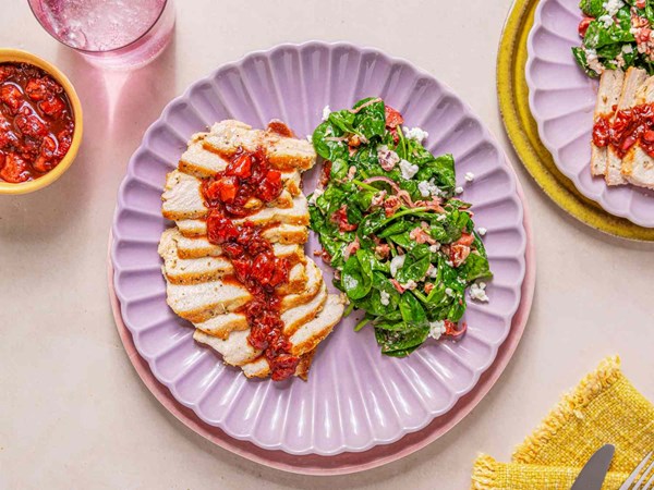 Strawberry pork chops with spinach salad 