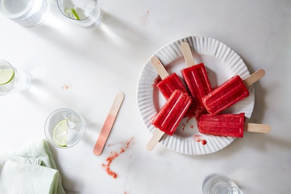 Strawberry, rhubarb, and lime ice pops