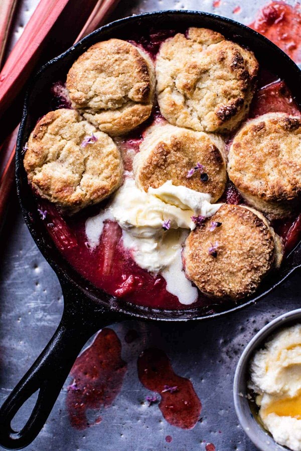 Strawberry rhubarb cobbler with honey butter biscuits