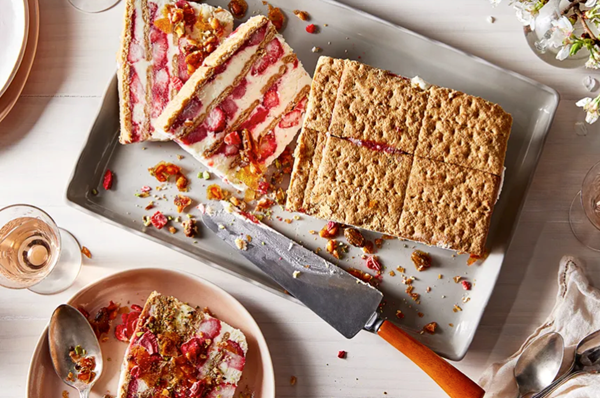 Strawberry-rhubarb icebox cake with pistachio brittle