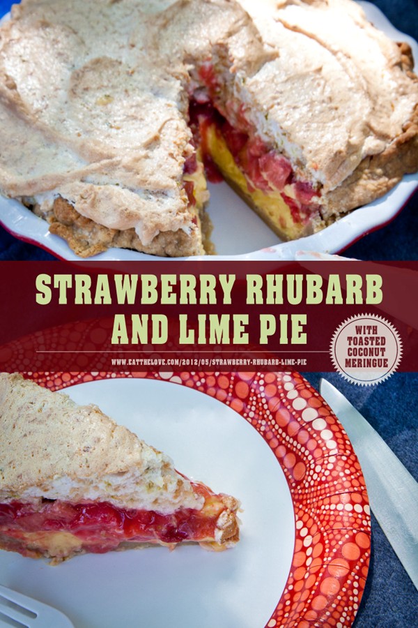 Strawberry rhubarb lime pie with toasted coconut meringue