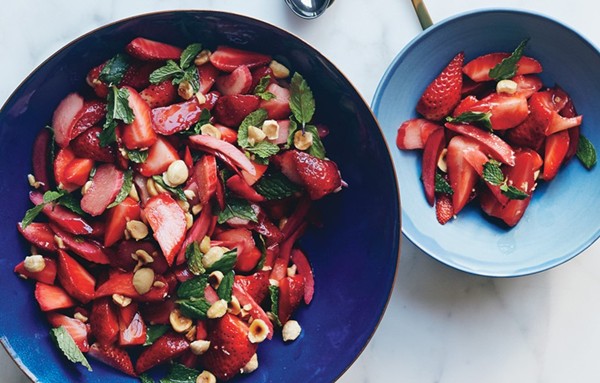 Strawberry-rhubarb salad with mint and hazelnuts