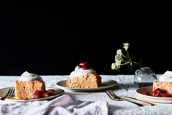 Strawberry-rhubarb tres leches cake