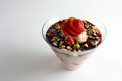 Strawberry rice pudding with balsamic syrup