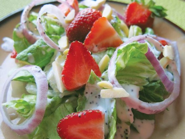 Strawberry romaine salad and creamy poppy seed dressing