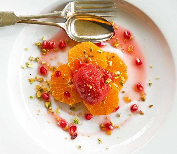 Strawberry sorbet with tangerines & tangerine Campari syrup