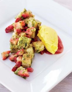 Strawberry sorrel bread pudding with saffron ice cream