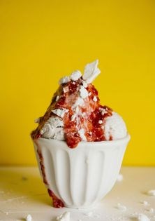 Strawberry sundaes: vanilla ice cream, pulsed strawberries + meringue