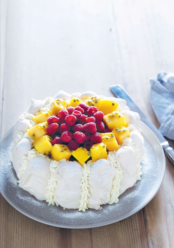 Strawberry vacherin with mango and raspberries