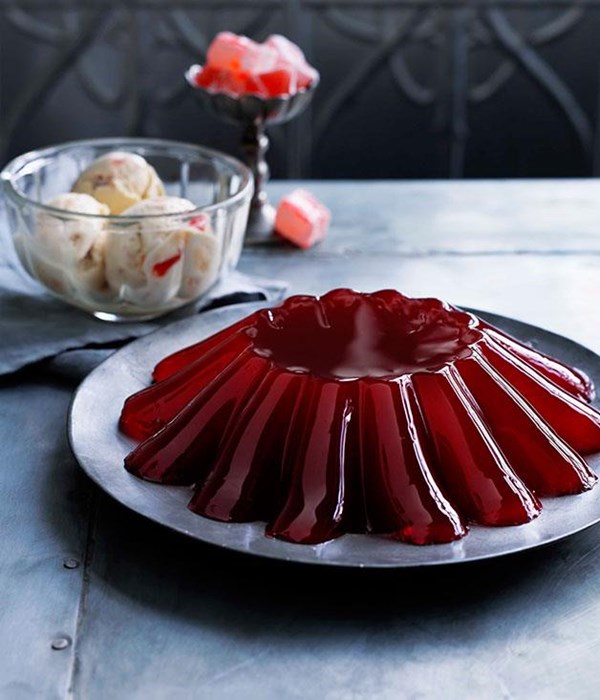 Strawberry, watermelon and rose jelly with Turkish Delight ice-cream