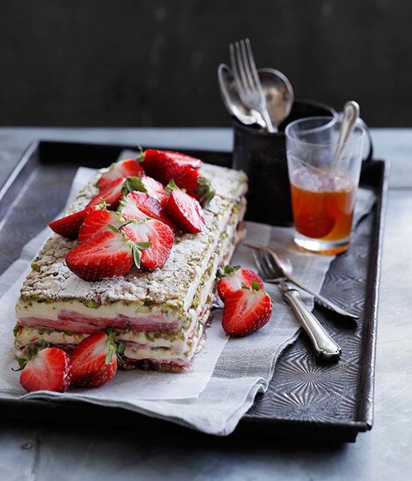 Strawberry, yoghurt and pistachio layer cake