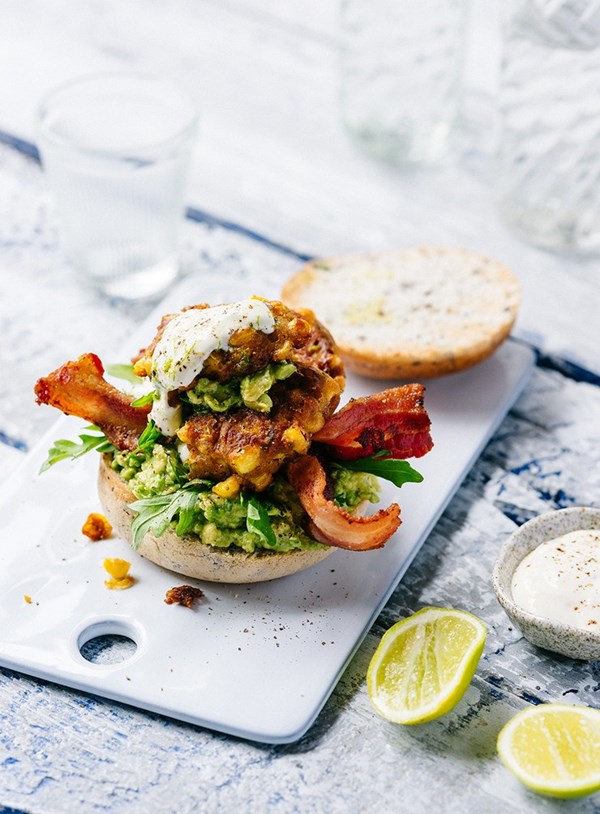 Street corn fritter burgers, crispy bacon and smashed avocado