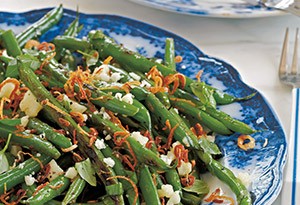 String beans with fried shallots, pecorino and basil