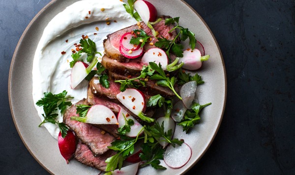 Strip steak with lemony yogurt and radishes