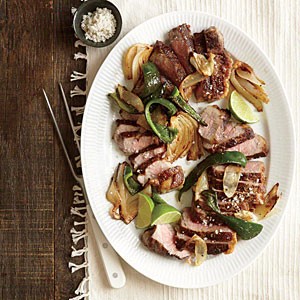 Strip steak with onions and poblanos
